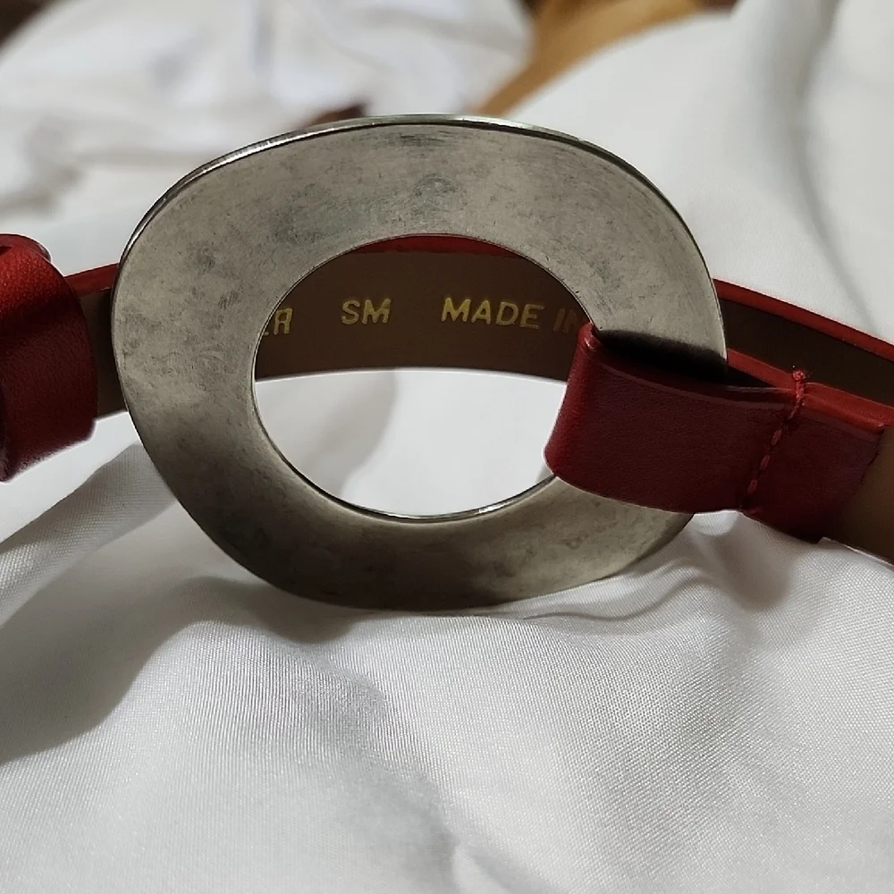 Chico's Silver Red Fashion Belt with Ornate Buckle